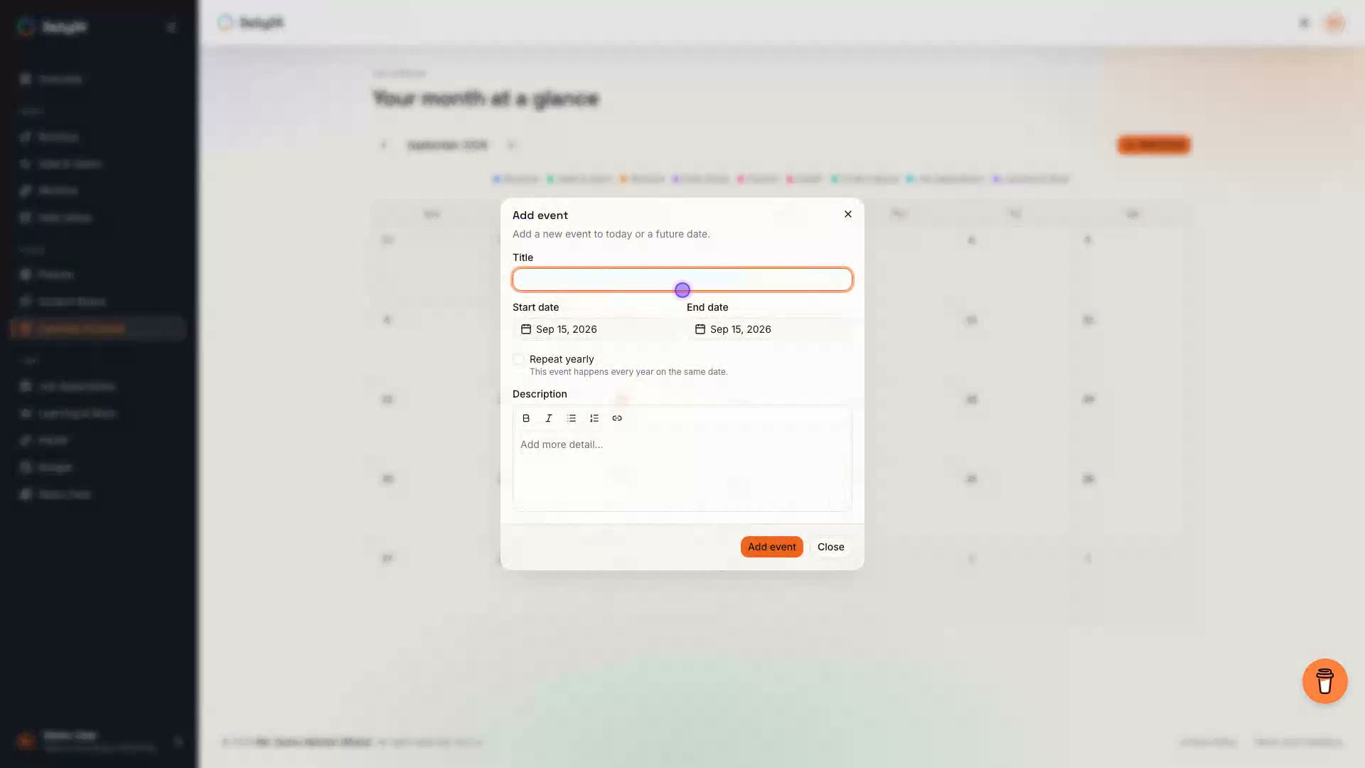 Calendar demo: creating and editing an event, creating a recurring yearly event and deleting it for every year, then opening a day's detail view to see routines, prayers, and the monthly budget summary together