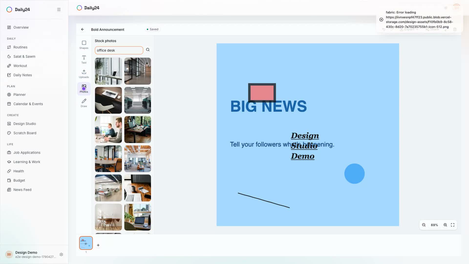 Design Studio demo: starting from a template, editing shapes and text, adding a photo, managing pages, and exporting