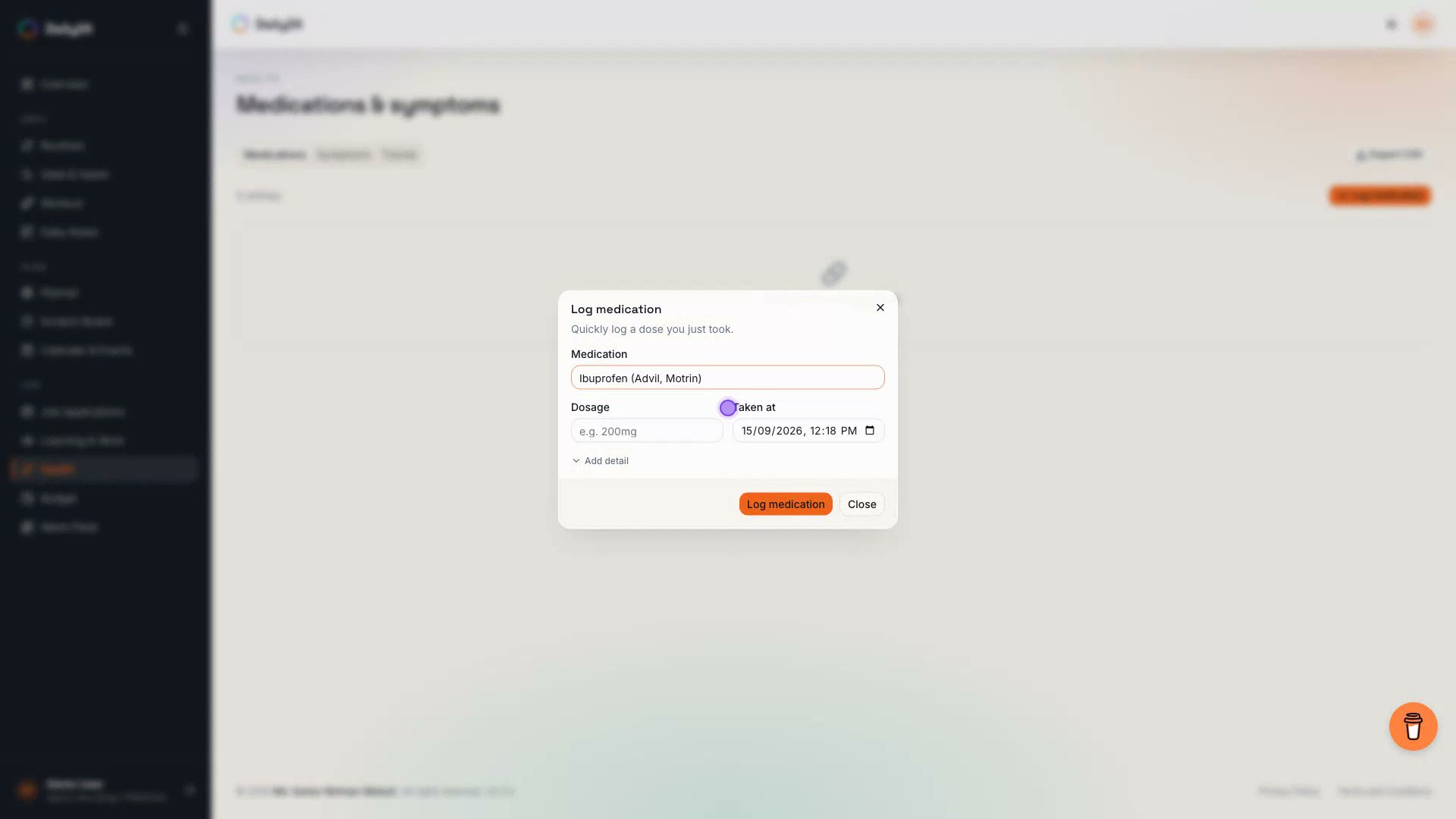 Health demo: logging and editing a medication, logging and editing a symptom's severity, viewing the trends heatmap and chart, and exporting a CSV
