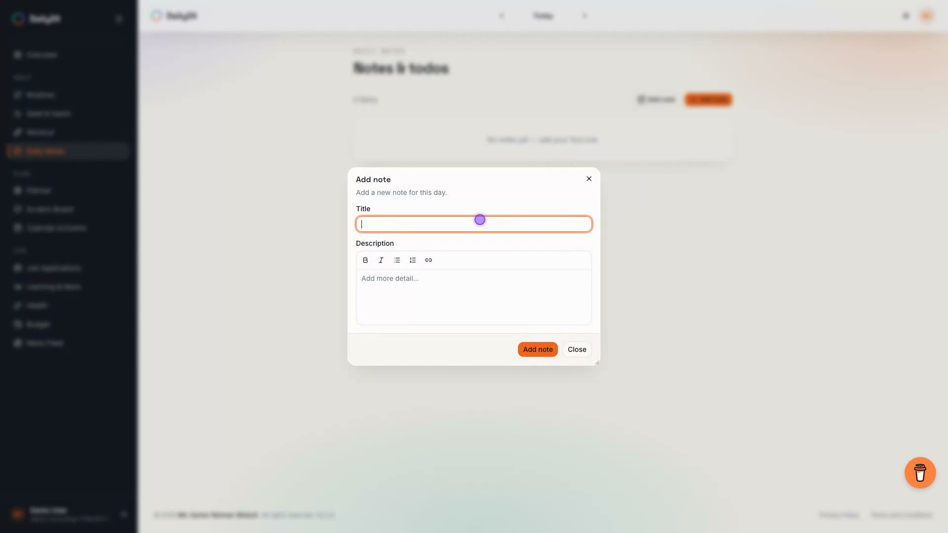 Daily Notes demo: creating a note, adding a checklist todo, and reordering them