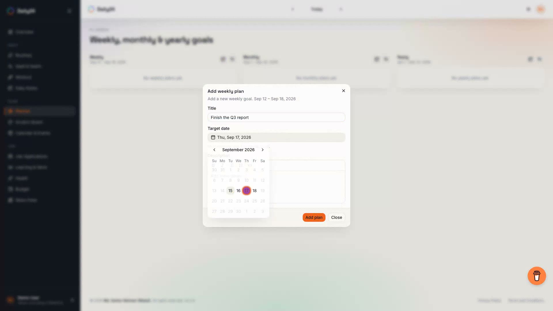 Planner demo: adding a weekly goal with a target date, drag-reordering goals, adding a monthly checklist todo, adding a yearly goal, viewing and editing its details, and deleting it