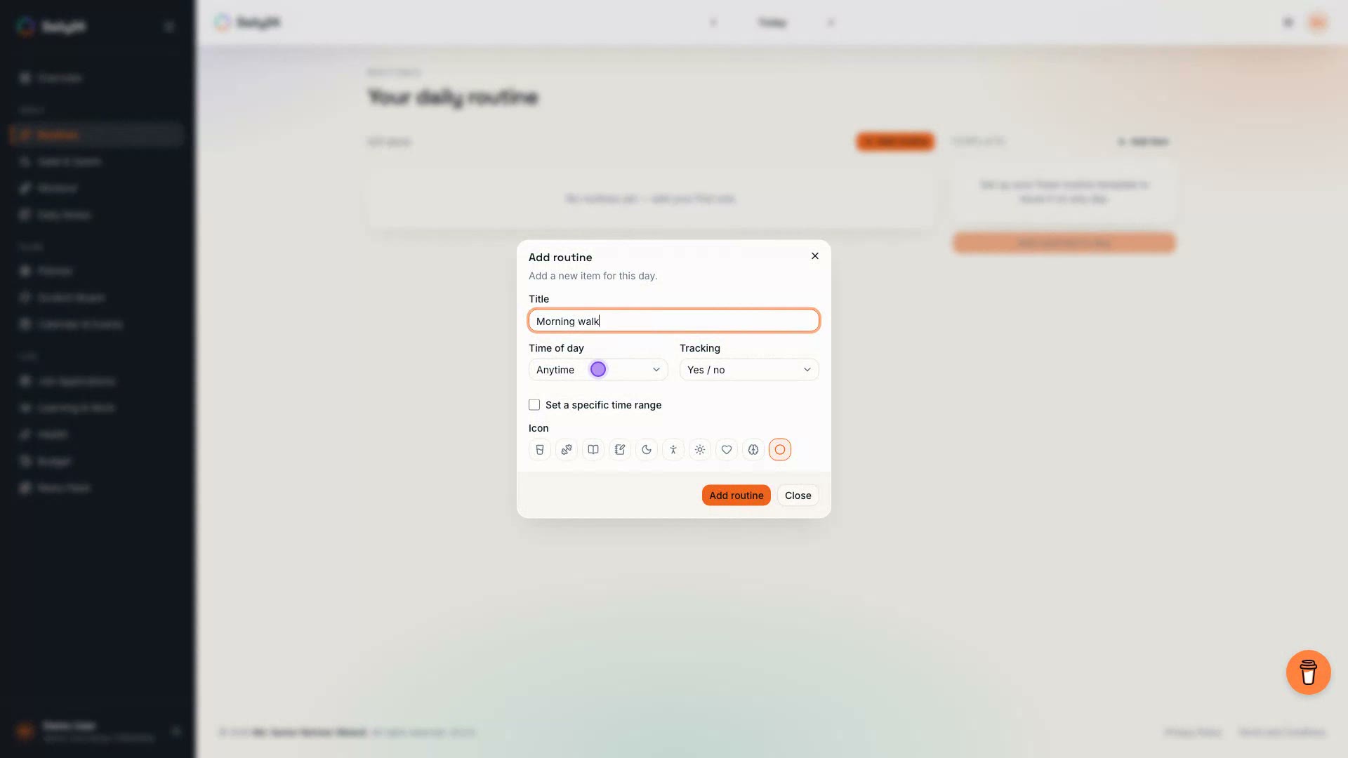 Routines demo: completing a checkbox habit, logging a quantity habit, and applying a template item