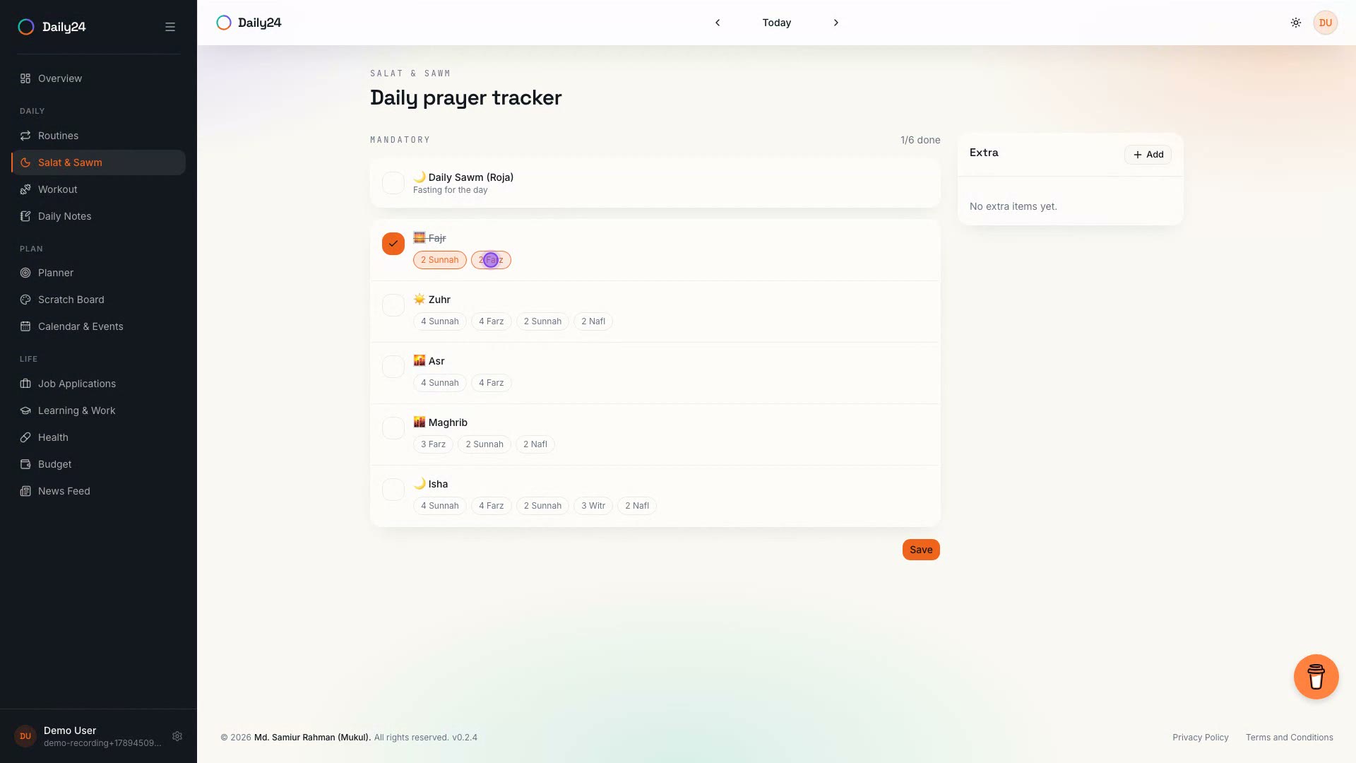 Salat & Sawm demo: marking Fajr as prayed, logging rakat segments, toggling sawm, and adding a Nafal Salat and Sadaqah item