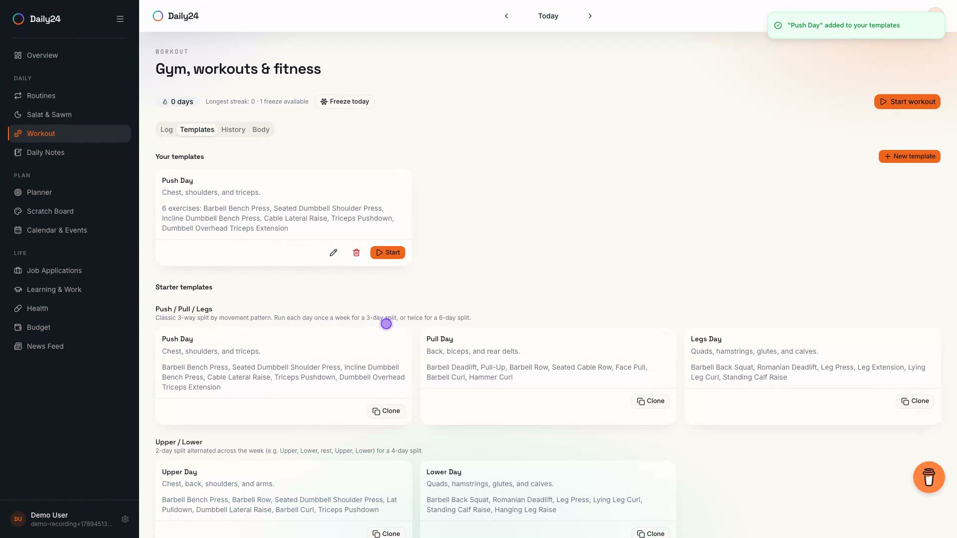 Workout demo: cloning a preset template, starting a session, logging sets with a rest timer, adding an exercise mid-session, catching an automatic PR, and finishing the workout
